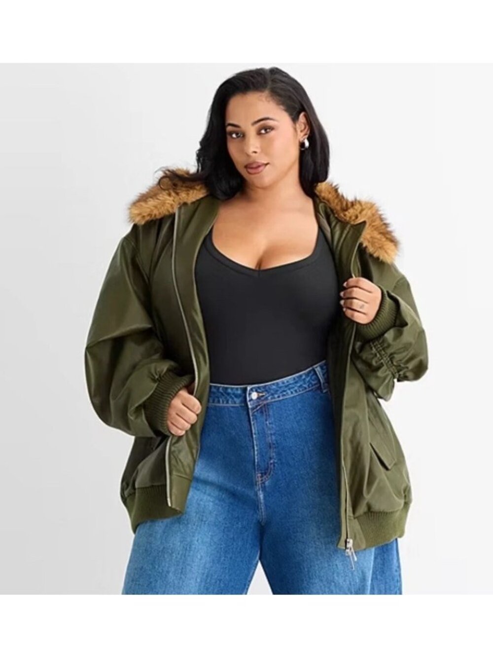 Ashley Graham 4X Olive Green Faux Leather Bomber Jacket W/ Brown Faux-Fur Hood